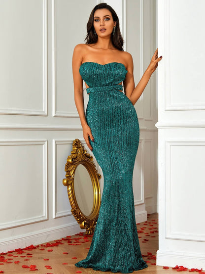Contrast Sequin Strapless Backless Dress