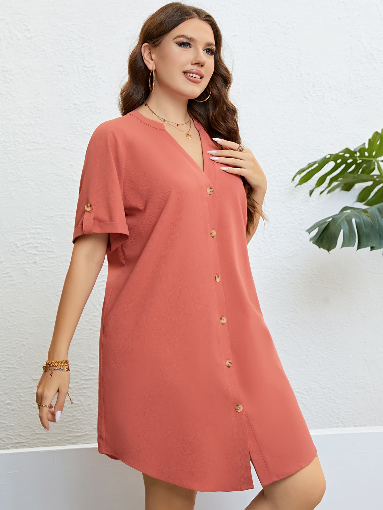 Plus Size Buttoned Notched Neck Shirt Dress