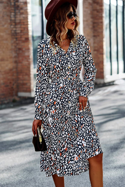 Printed Button Front Belted Tiered Shirt Dress