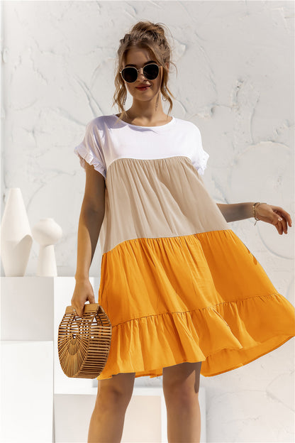 Color Block Round Neck Ruffle Hem Dress