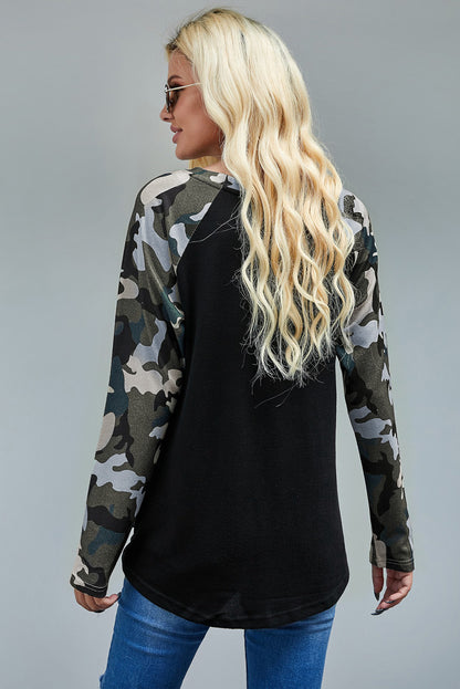 Camouflage Contrast Pocketed Long Sleeve Top