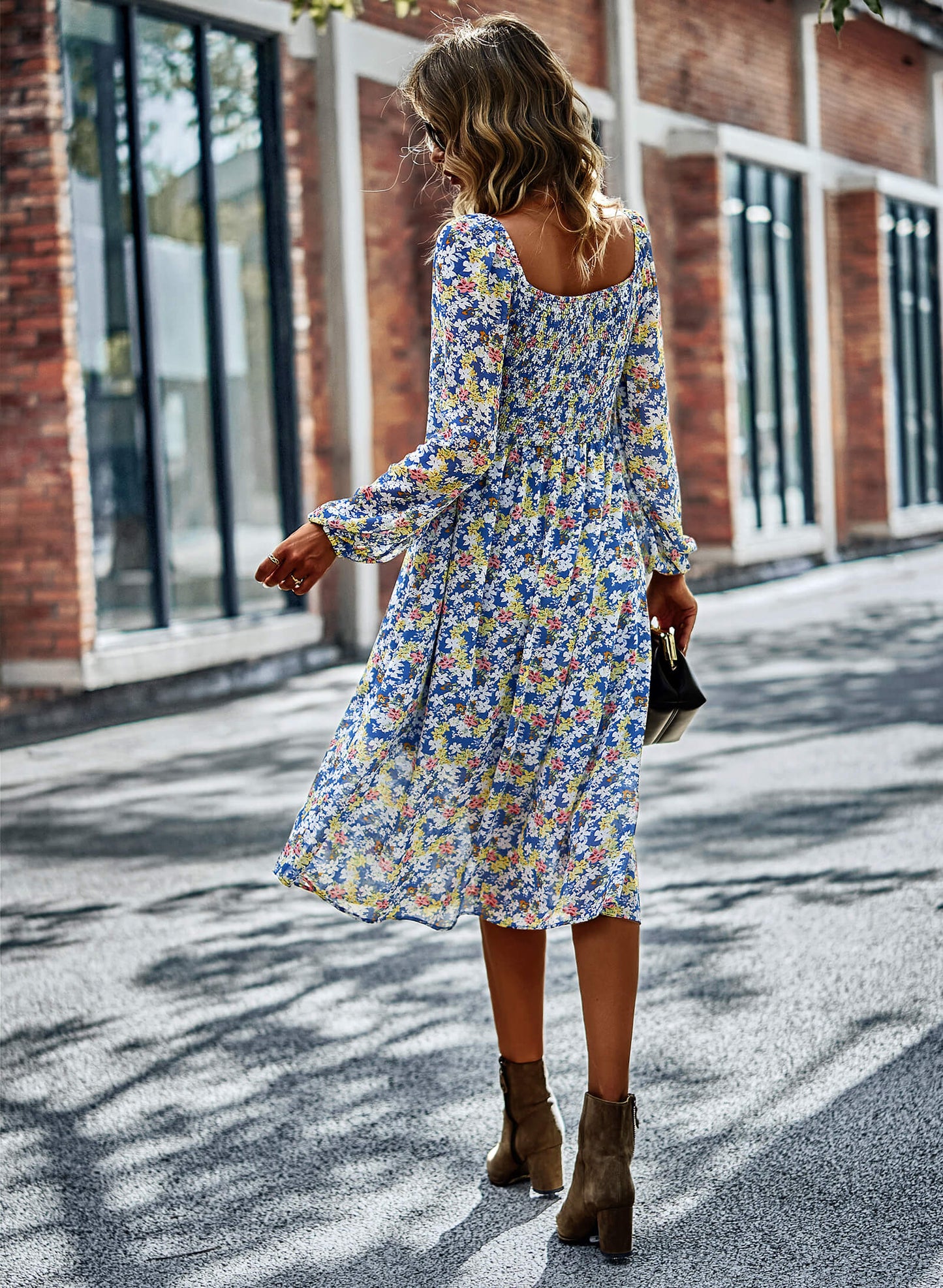 Floral Square Neck Smocked Balloon Sleeve Dress