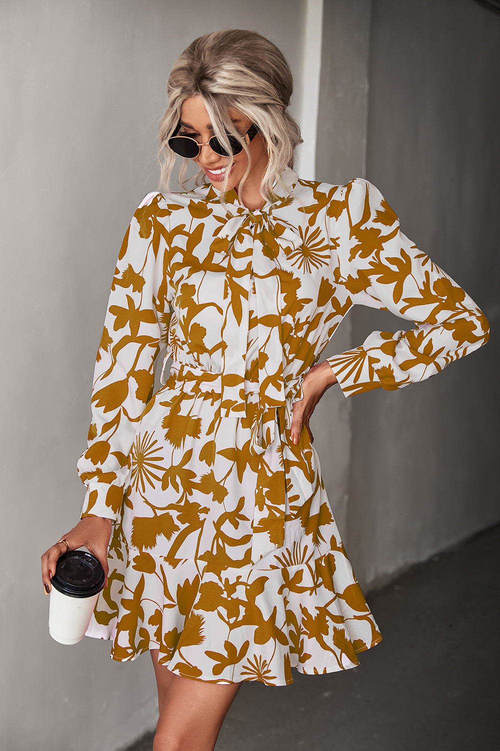 Floral Tie Neck Belted Puff Sleeve Dress