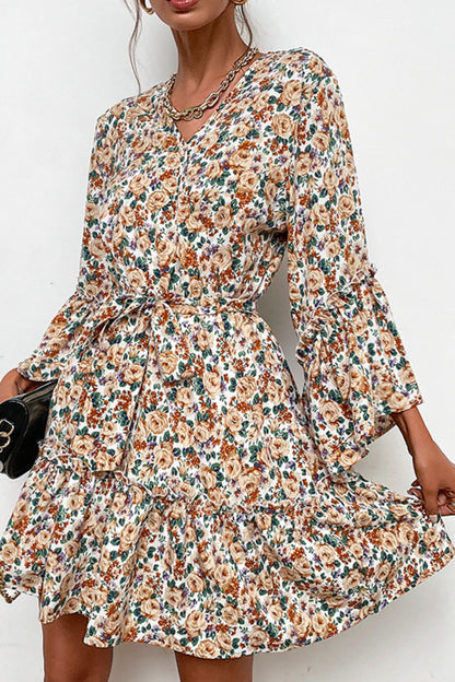 Floral Belted Flare Sleeve V-Neck Dress