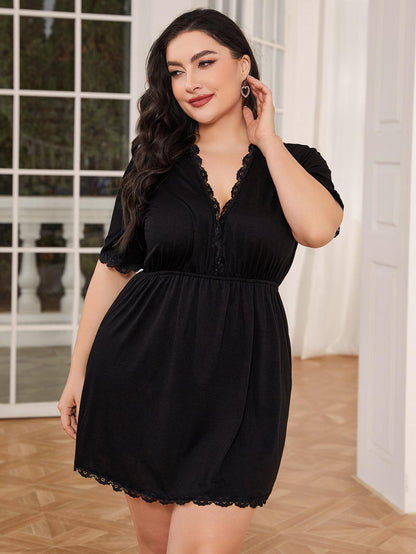 Plus Size Lace Trim Deep V Night Dress