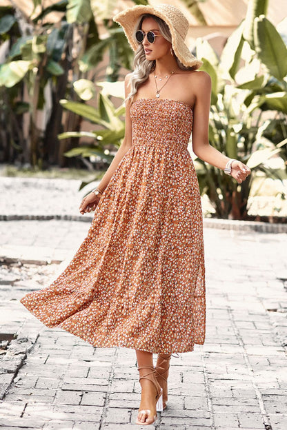 Floral Strapless Slit Midi Dress with Pockets