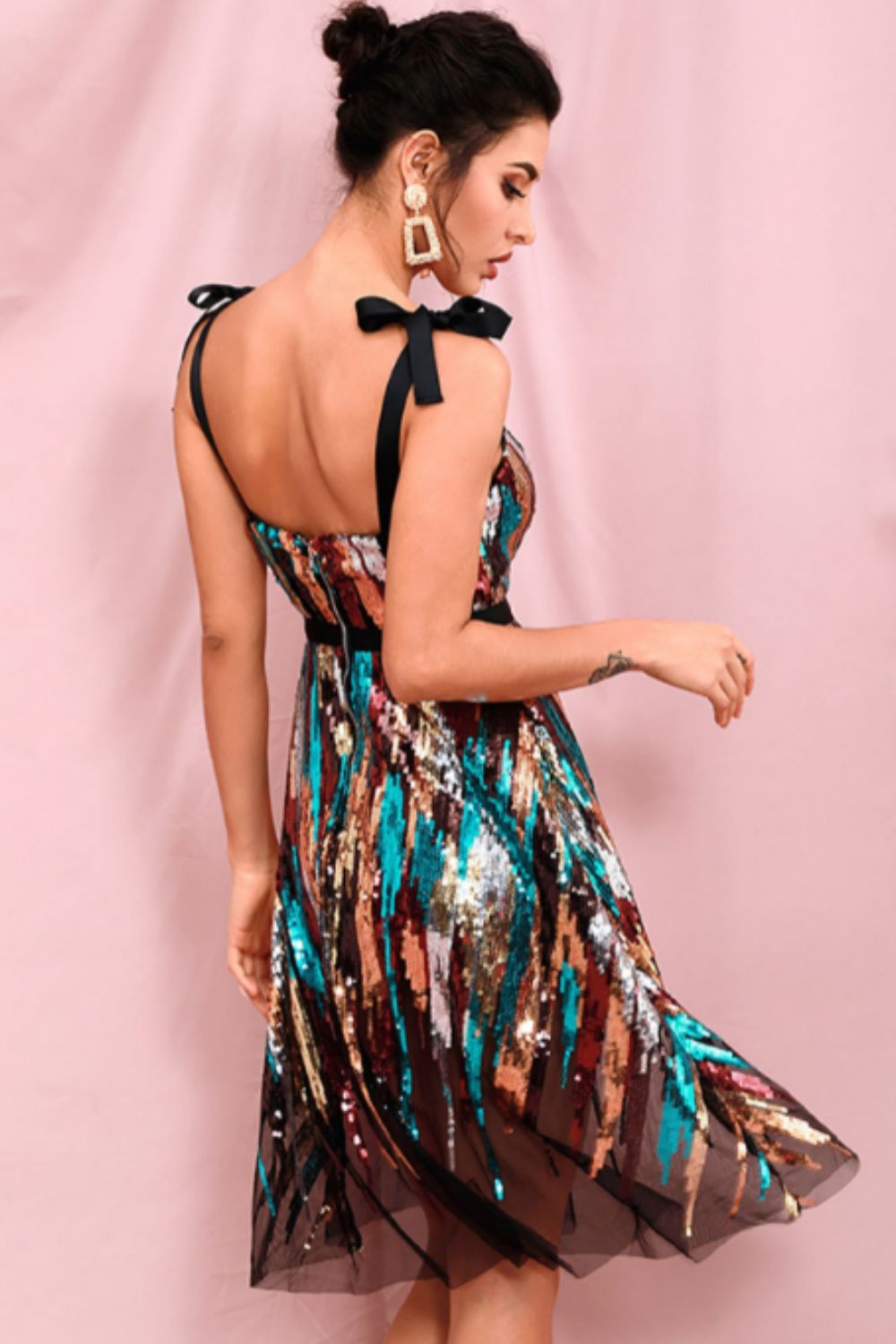 Multicolored Sequin Tie-Shoulder Tulle Dress