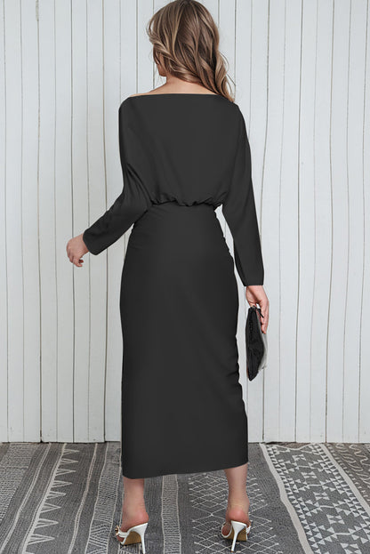 Boat Neck Long Sleeve Twisted Midi Dress