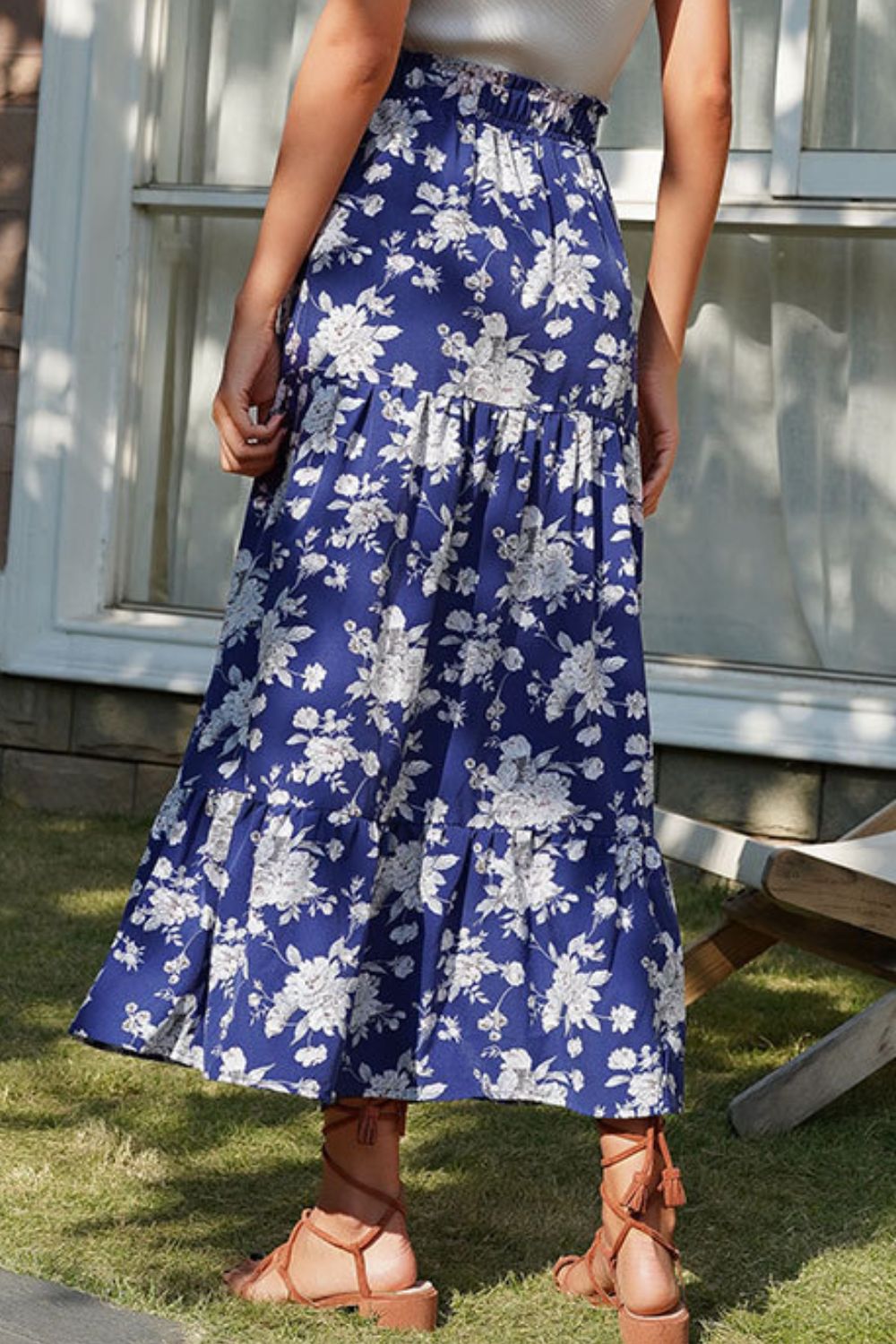 Floral Front Slit Elastic Waist Skirt