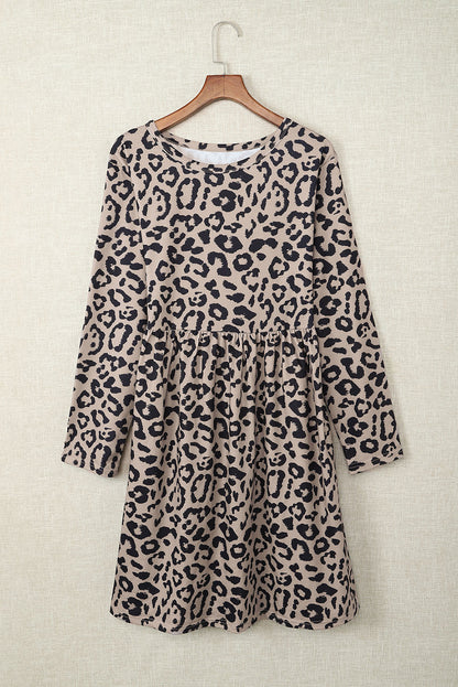 Plus Size Leopard Round Neck Flounce Dress