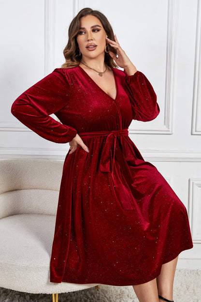 Plus Size Surplice Neck Balloon Sleeve Tie Belt Midi Dress