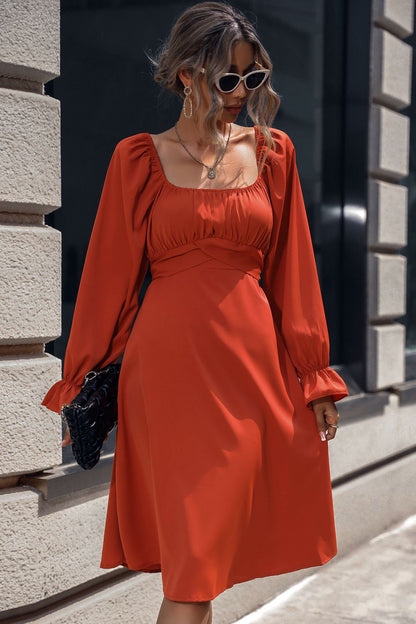 Square Neck Flounce Sleeve Midi Dress