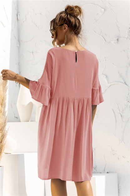 Boat Neck Flounce Sleeve Knee-Length Dress