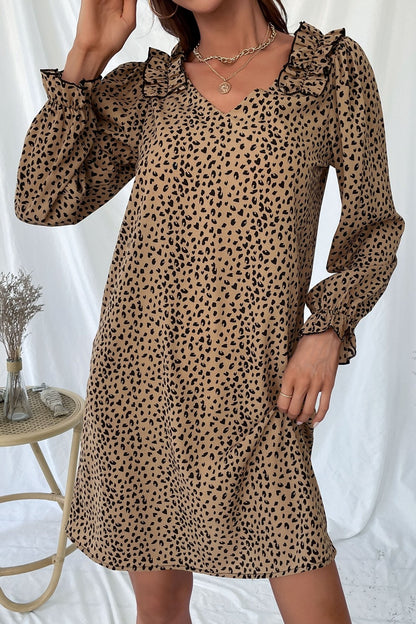 Leopard Frill Trim V-Neck Dress