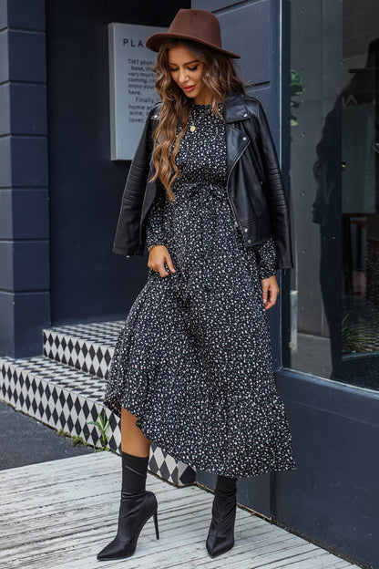 Printed Round Neck Long Sleeve Midi Dress