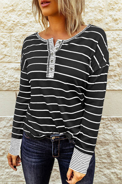 Striped Waffle Knit Henley Long Sleeve Top