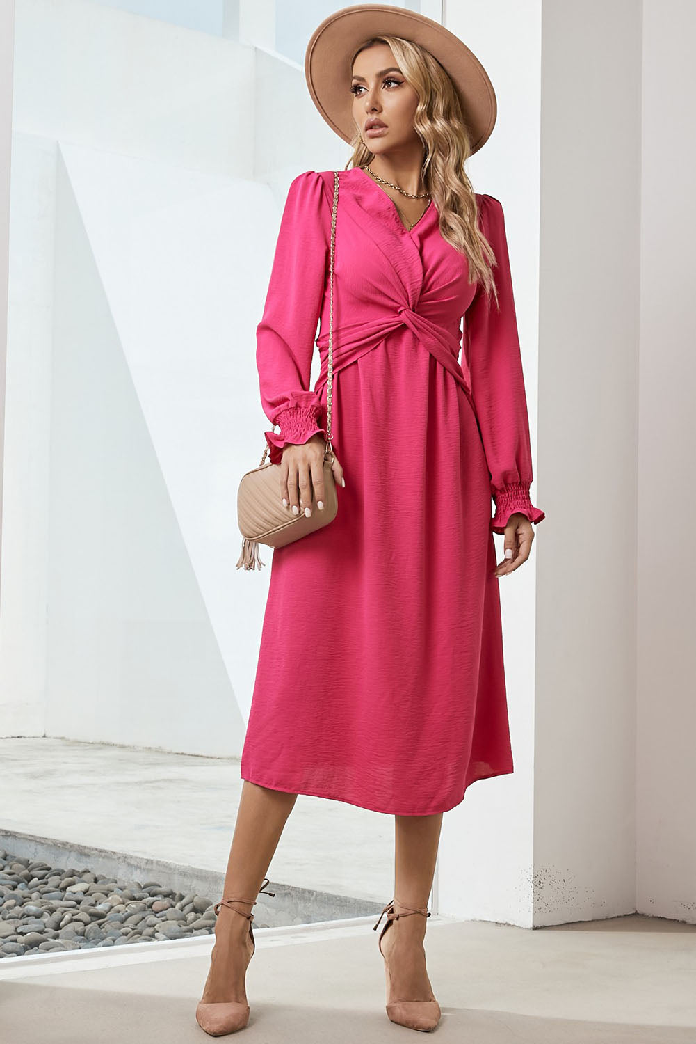 Twist Front V-Neck Flounce Sleeve Dress