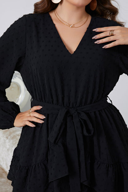 Plus Size Swiss Dot Tie Waist V-Neck Dress