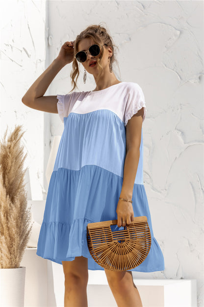 Color Block Round Neck Ruffle Hem Dress