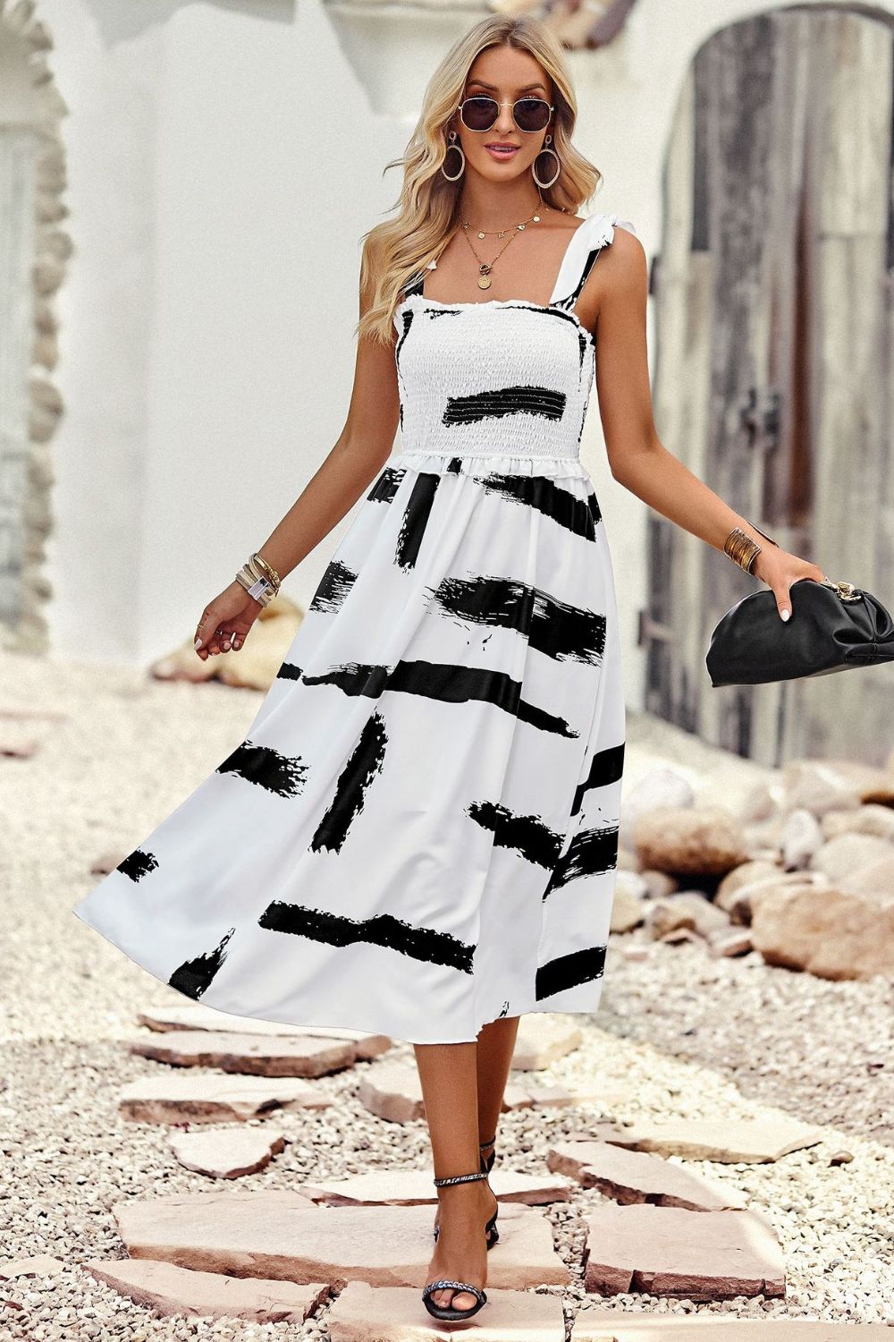 Brush Stroke Tie Shoulder Smocked Dress