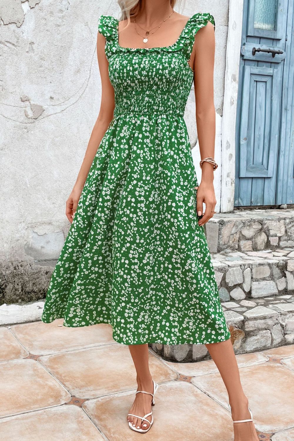 Printed Square Neck Ruffled Midi Dress