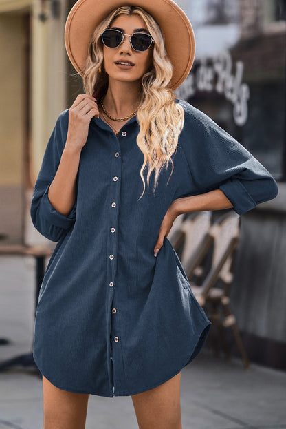 Button Front Curved Hem Raglan Sleeve Shirt Dress