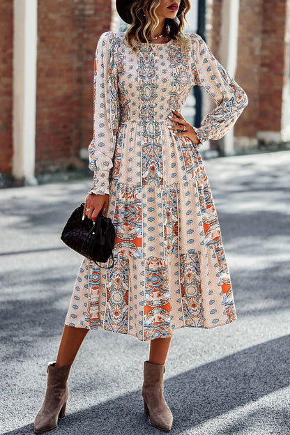 Smocked Round Neck Lantern Sleeve Midi Dress