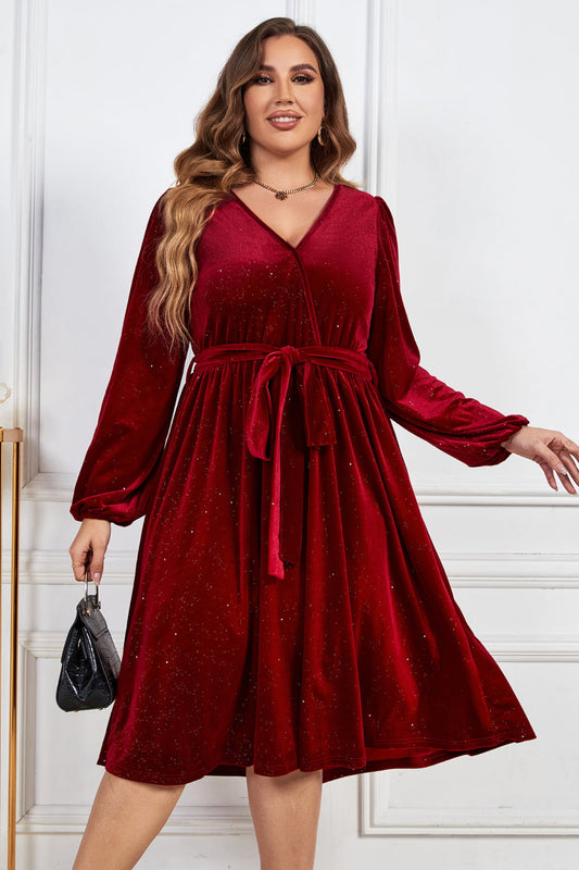 Plus Size Surplice Neck Balloon Sleeve Tie Belt Midi Dress