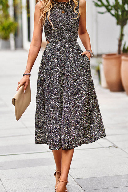 Printed Round Neck Slit Sleeveless Dress