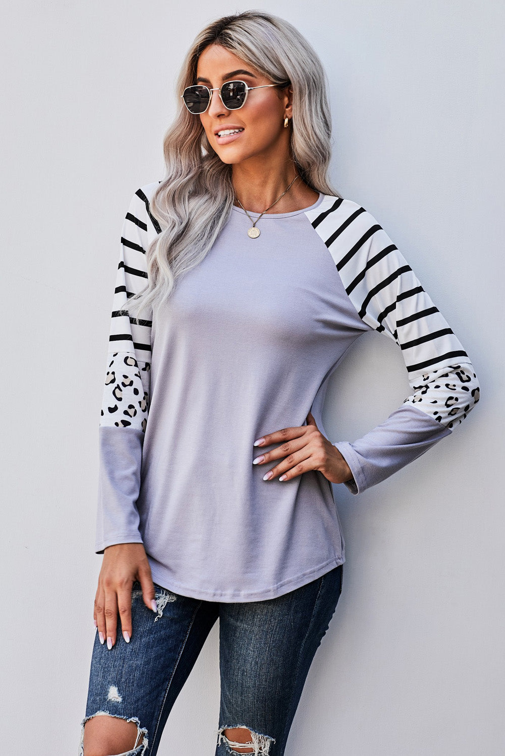 Leopard Panel Striped Raglan Sleeve Top