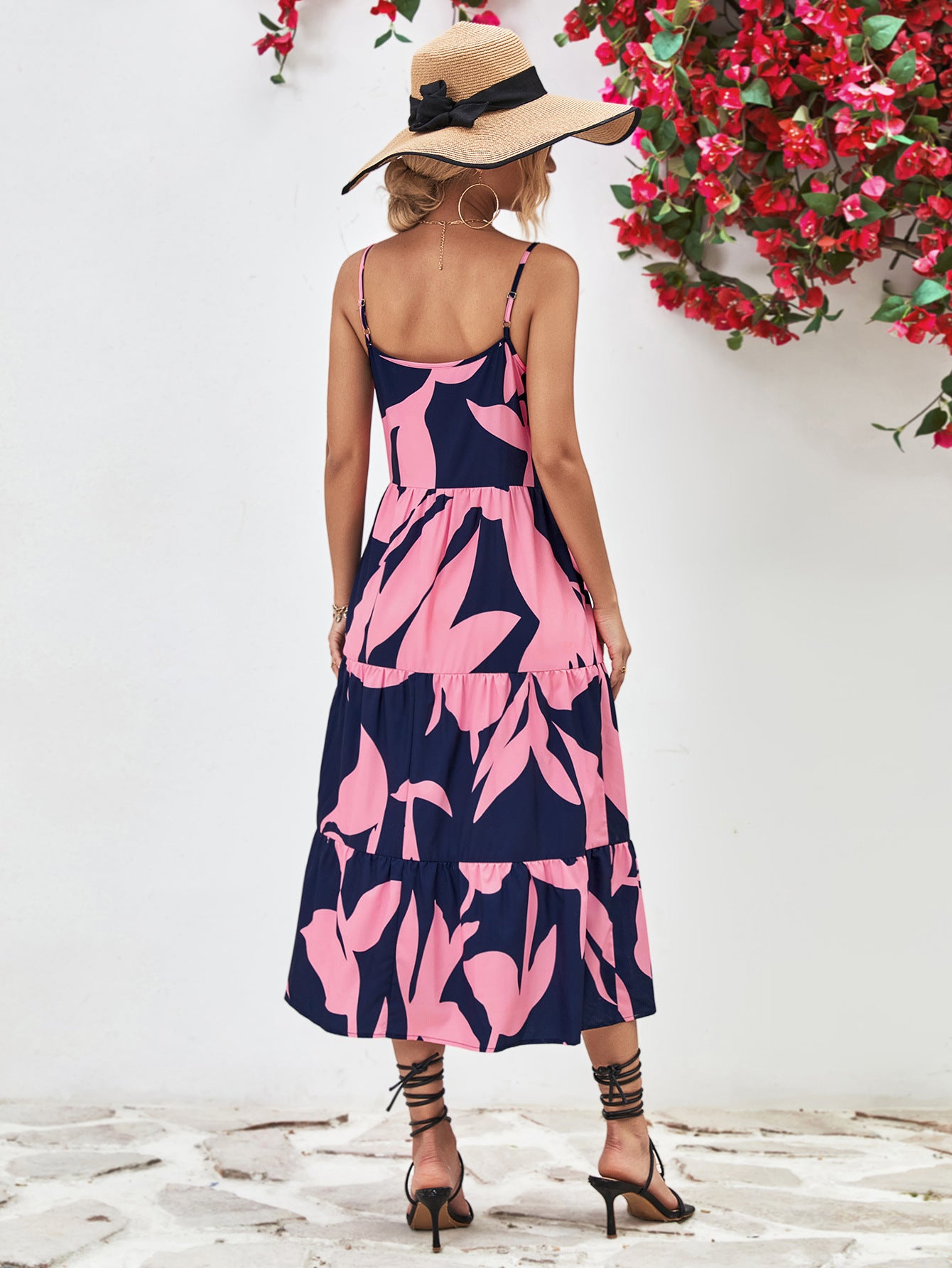 Printed Spaghetti Strap Tiered Midi Dress