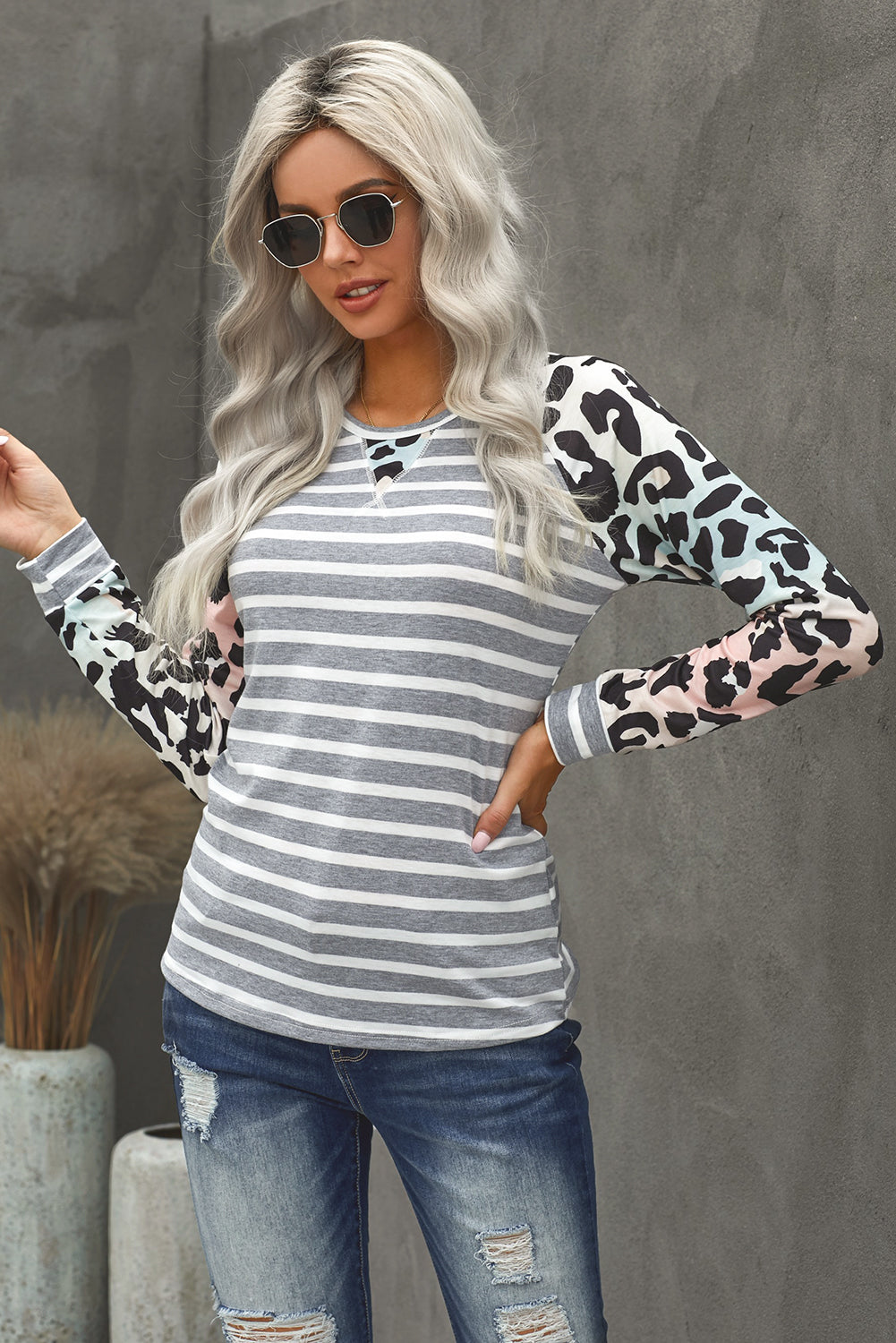 Leopard Striped Splice Long Sleeve Top