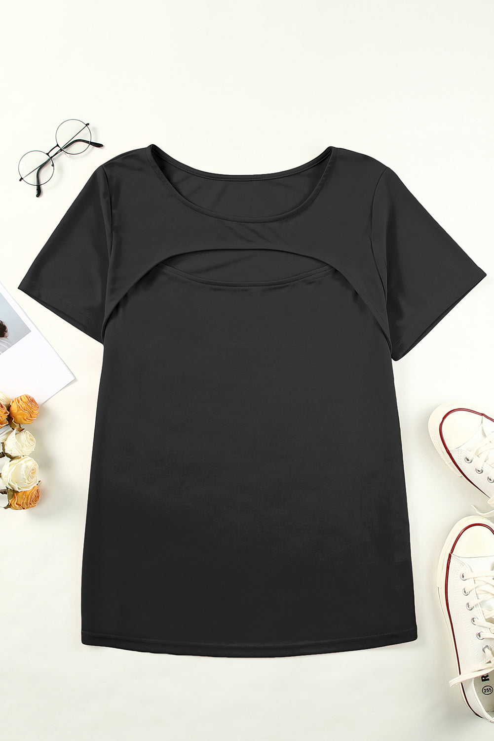 Plus Size Cutout Round Neck Short Sleeve Tee