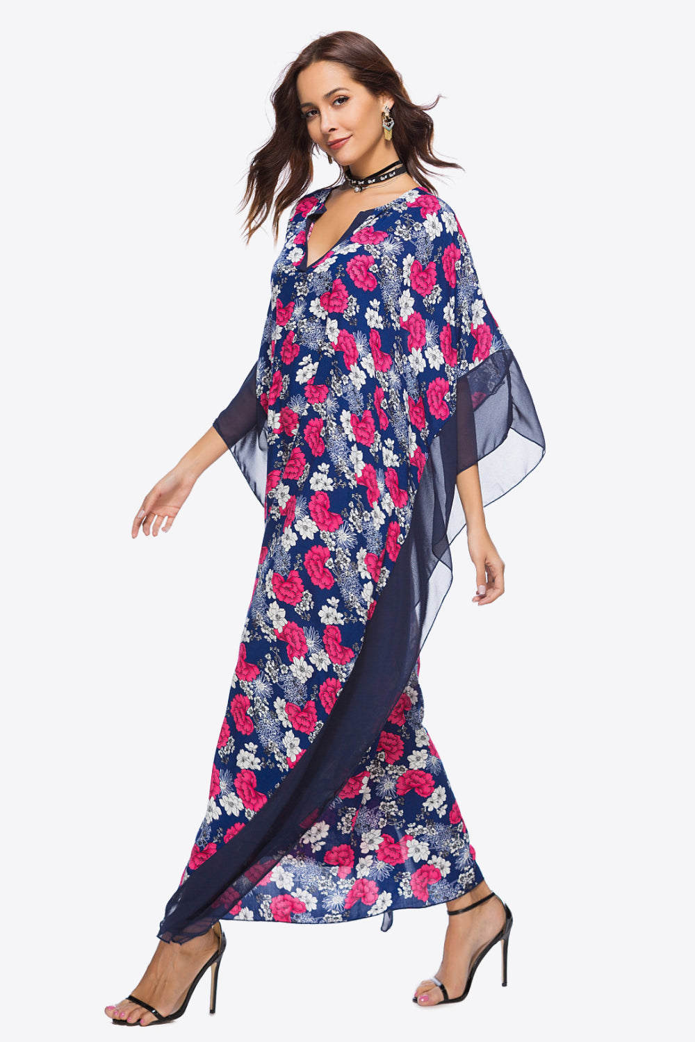 Floral Notched Neck Dolman Sleeve Maxi Dress