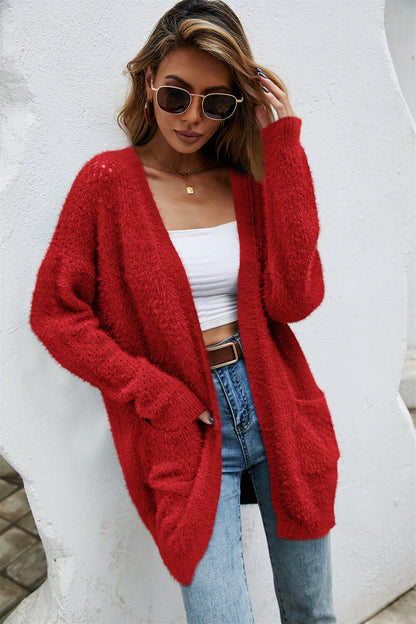 Open Front Openwork Fuzzy Cardigan with Pockets