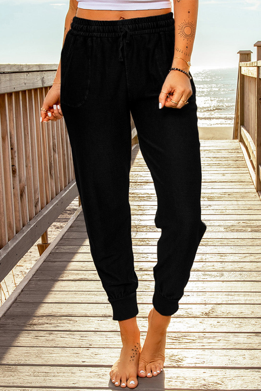 Elastic Waist Cropped Jogger Pants with Pockets