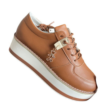 Lace-up Flats Shoes With Bear Pendant Height Increasing Casual Leather Shoes Woman