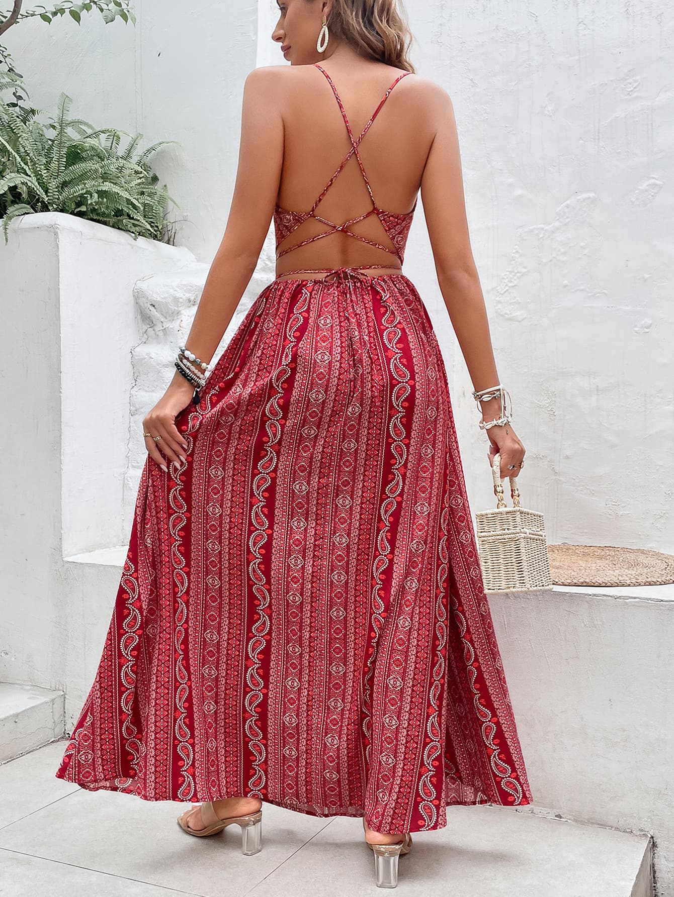 Printed Sweetheart Neck Split Maxi Dress