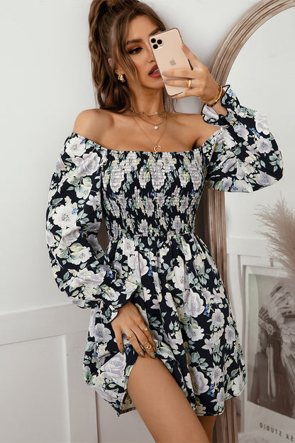 Floral Flounce Sleeve Smocked Square Neck Dress