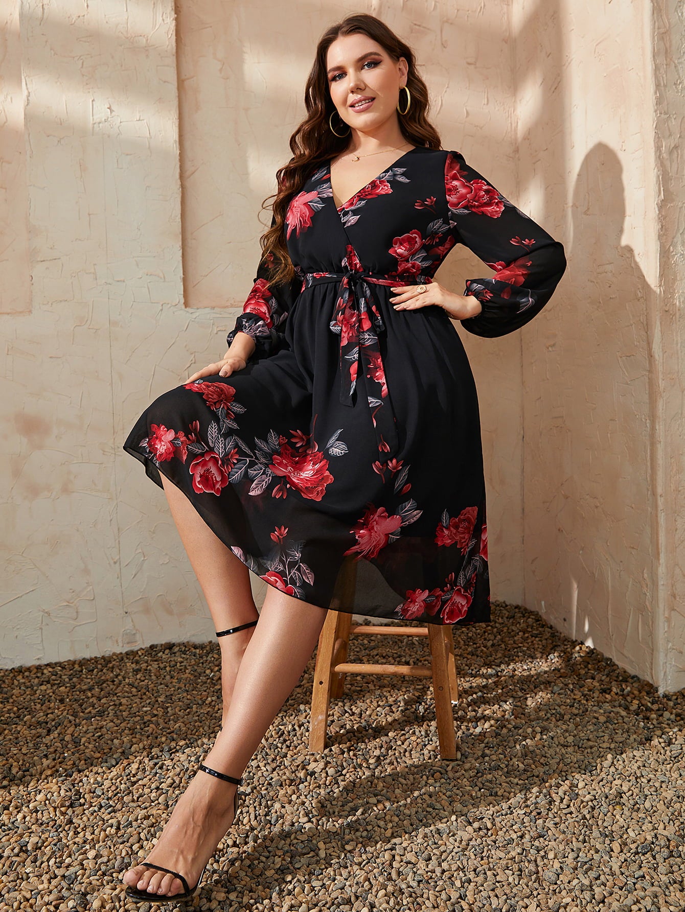 Plus Size Floral Surplice Neck Tie Waist Dress