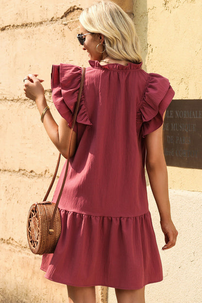 Ruffle Shoulder Tie-Neck Tiered Dress