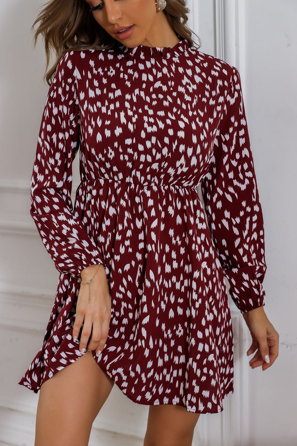 Mock Neck Long Sleeve Printed Dress