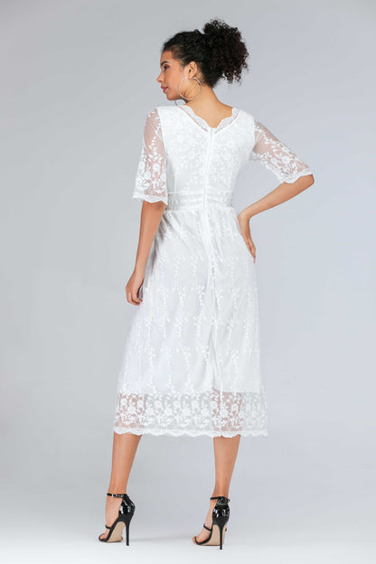 Scalloped Lace Half Sleeve Midi Dress