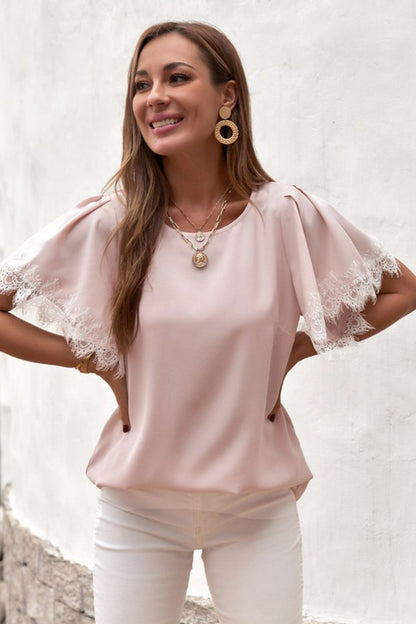 Satin Lace Flutter Sleeve Top