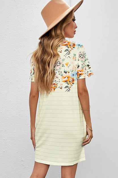 Floral Striped Short Sleeve Round Neck T-Shirt Dress