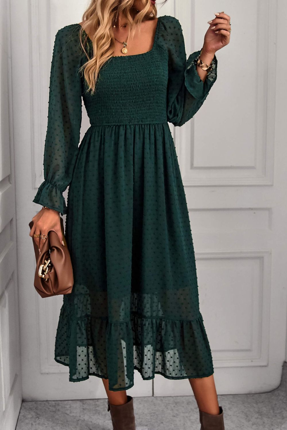 Swiss Dot Smocked Ruffle Hem Flounce Sleeve Dress