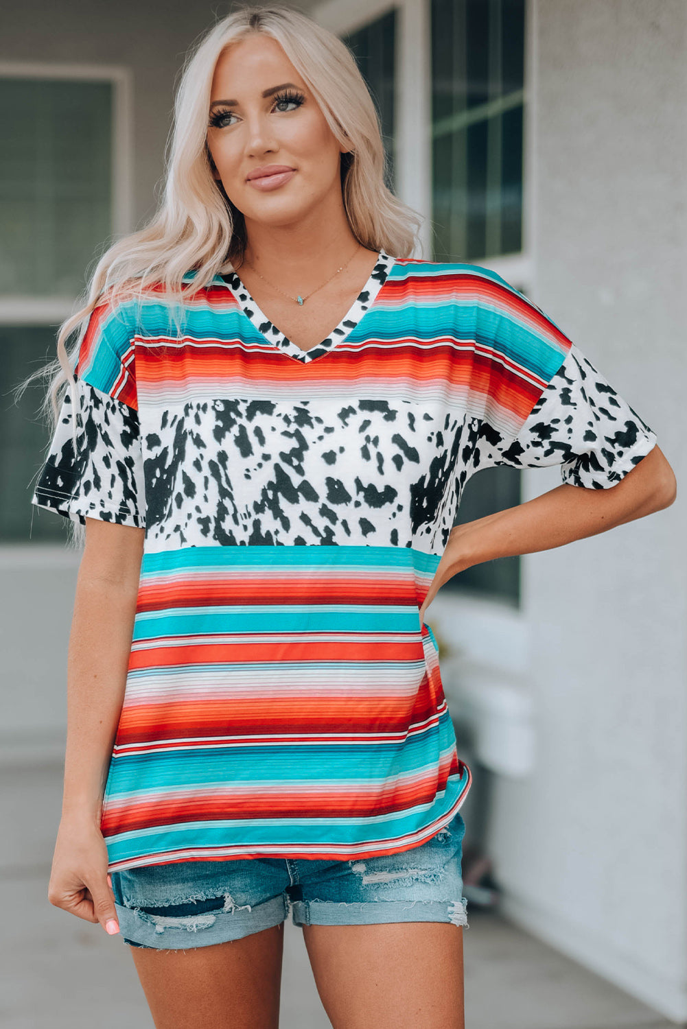 Mixed Print V-Neck Tee Shirt