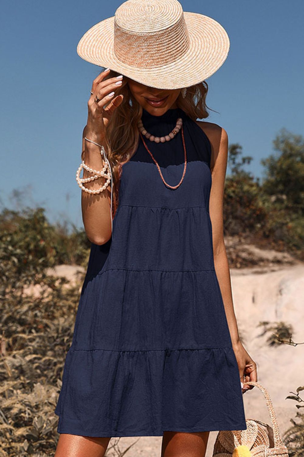 Tie Back Sleeveless Tiered Dress