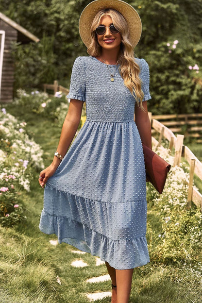 Swiss Dot Smocked Round Neck Short Sleeve Midi Dress