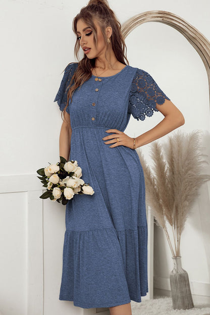 Decorative Button Round Neck Lace Sleeve Dress